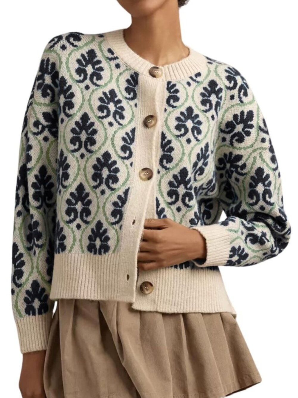 Women Floral Cardigan Sweater Open Front Long Sleeve Button Down Knit Sweater